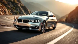 Sleek silver BMW 3 Series sport sedan photographed from three-quarter front angle on winding mountain road, dynamic lighting, sharp focus on bodywork and wheels