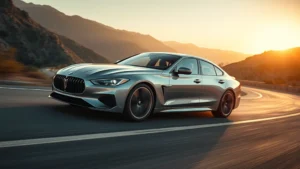 Sleek silver luxury sedan in motion on curved mountain road, professional automotive photography, golden hour lighting, sharp focus on vehicle dynamics
