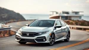 Professional automotive photography of a Honda Civic sport sedan in silver metallic, photographed from a three-quarter front angle on a winding coastal road with modern minimalist architecture in soft focus background, daytime natural lighting