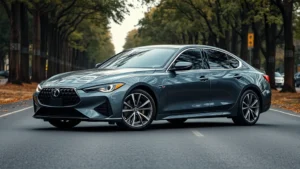 Luxury sedan parked on tree-lined road, sleek metallic paint finish, modern LED headlights, premium wheels, professional automotive photography