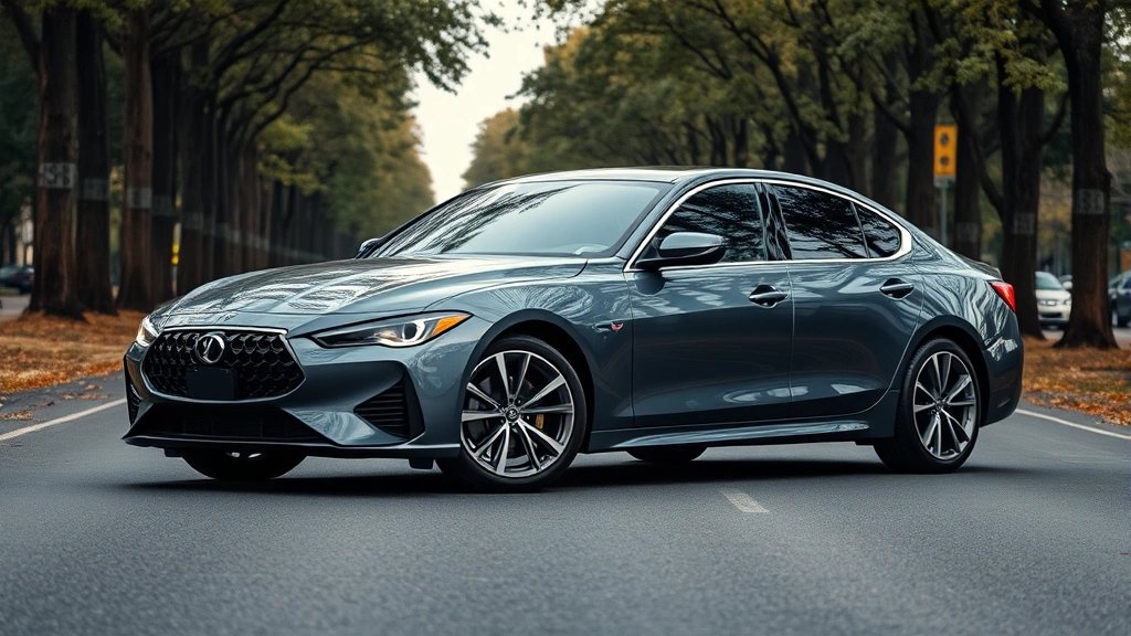 Luxury sedan parked on tree-lined road, sleek metallic paint finish, modern LED headlights, premium wheels, professional automotive photography