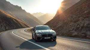 Luxury sport sedan on winding mountain road, dynamic lighting, aggressive stance, German automotive engineering aesthetic