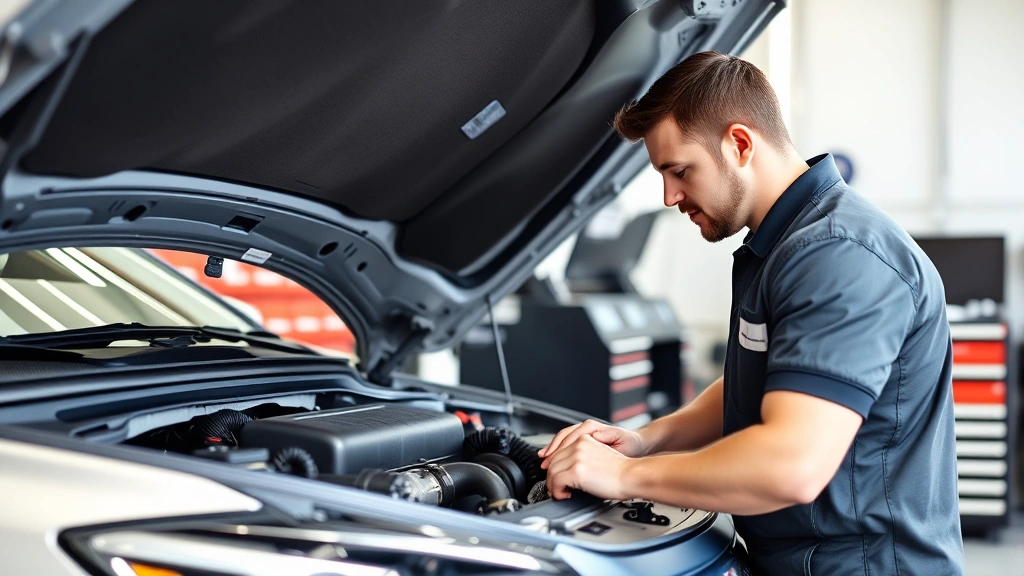 Professional automotive technician in modern shop examining engine bay with diagnostic tools, natural lighting, clean workspace