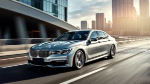 Professional photograph of sleek silver BMW 7 Series sedan driving on modern highway with cityscape in background, showcasing luxury design and elegant proportions