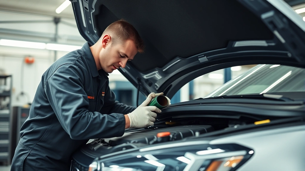 Professional mechanic performing routine oil change on modern sedan engine bay, warm lighting, clean workshop environment, precise fluid transfer