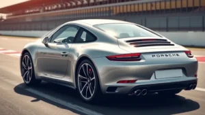 Professional automotive photography showing a silver Porsche 911 Carrera from three-quarter angle in bright daylight, sharp focus on sleek curves and distinctive proportions, professional racing facility background