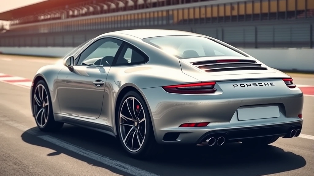 Professional automotive photography showing a silver Porsche 911 Carrera from three-quarter angle in bright daylight, sharp focus on sleek curves and distinctive proportions, professional racing facility background