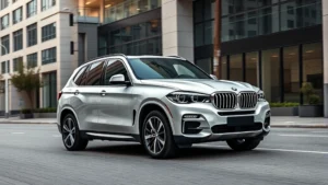 Luxury BMW X5 exterior three-quarter view on modern urban street with contemporary architecture background, professional automotive photography