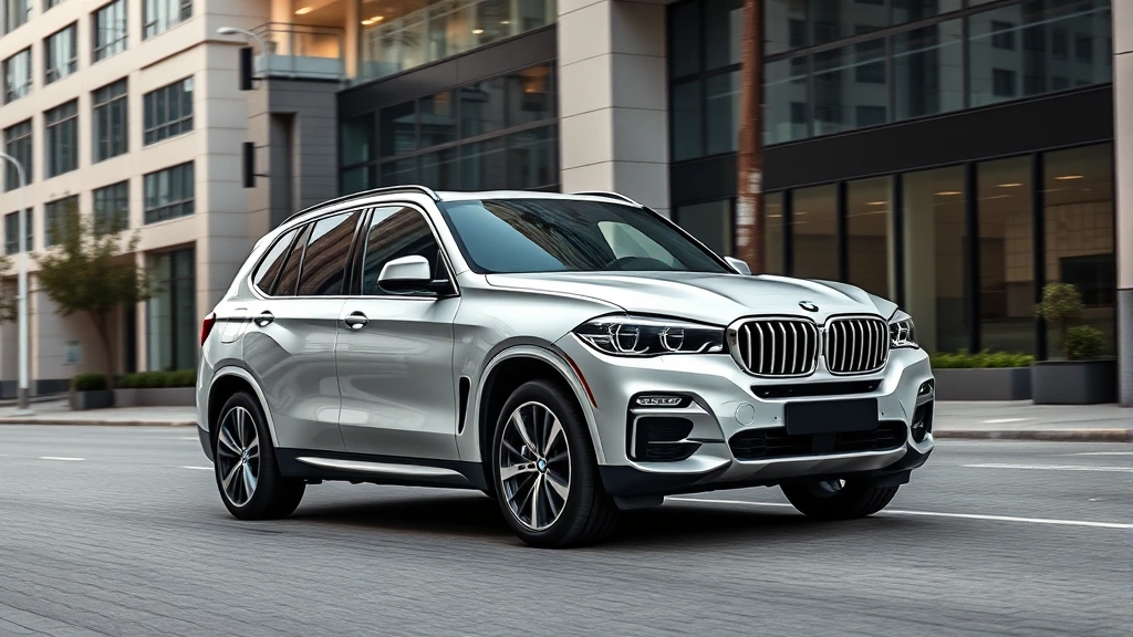 Luxury BMW X5 exterior three-quarter view on modern urban street with contemporary architecture background, professional automotive photography