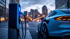Modern electric vehicle charging at sleek public charging station with LED indicators glowing blue, urban cityscape background, photorealistic daylight photography