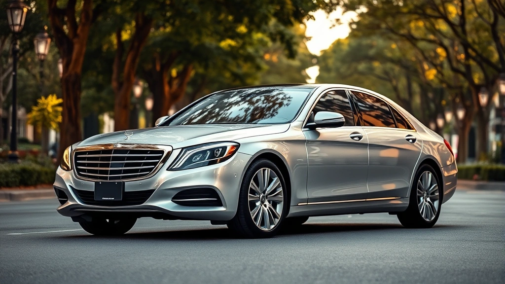 Premium luxury sedan in silver, parked on elegant tree-lined boulevard, showing refined front grille and sleek side profile with ambient lighting reflecting off paint