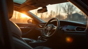 Luxury sedan with premium leather interior, ambient lighting, and elegant steering wheel in soft golden hour light