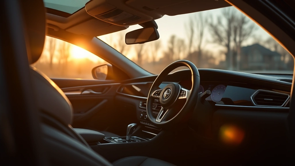 Luxury sedan with premium leather interior, ambient lighting, and elegant steering wheel in soft golden hour light