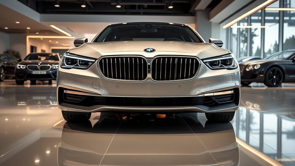 Luxury sedan front three-quarter view, modern dealership showroom, ambient LED lighting, sleek chrome trim, pristine condition, professional photography
