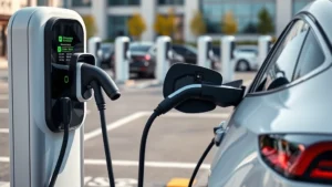 Modern electric vehicle charging at public station with LED displays and sleek design, showing connector plugged into sedan, urban parking lot background with multiple charging stations, daylight photography