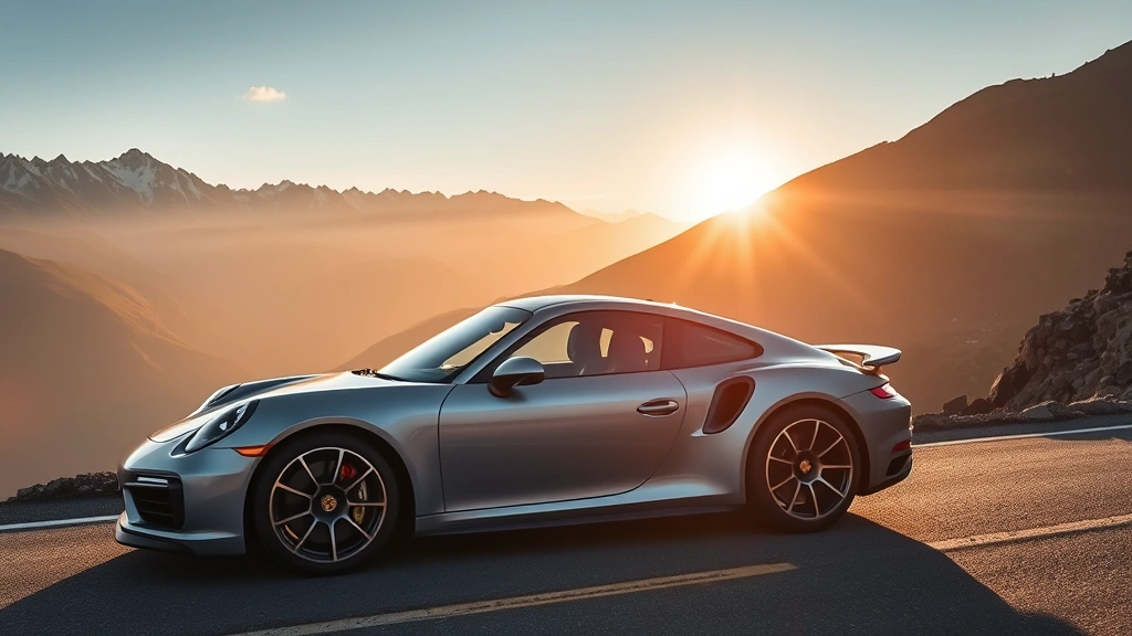 Porsche 911 Turbo S silver sports car photographed from three-quarter angle on mountain road with dramatic alpine scenery, morning sunlight highlighting aerodynamic curves and aggressive stance