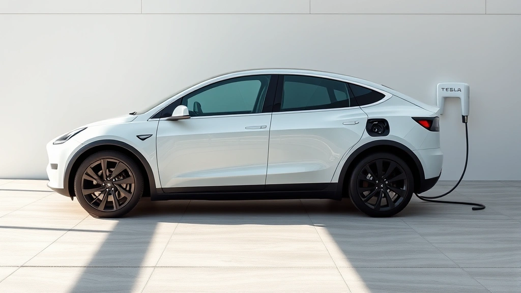 2024 Tesla Model Y white pearl electric SUV parked in modern minimalist setting with charging cable connected, sleek design emphasizing aerodynamic profile
