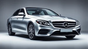 Sleek silver Mercedes-Benz E-Class sedan photographed in professional studio lighting, three-quarter front view, modern luxury design emphasized