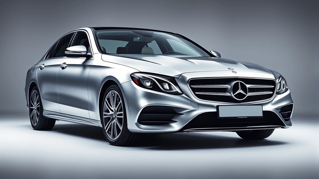 Sleek silver Mercedes-Benz E-Class sedan photographed in professional studio lighting, three-quarter front view, modern luxury design emphasized