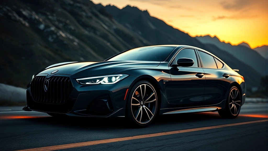 High-performance luxury sedan with aggressive front grille, LED headlights, and polished alloy wheels on mountain road with dramatic lighting