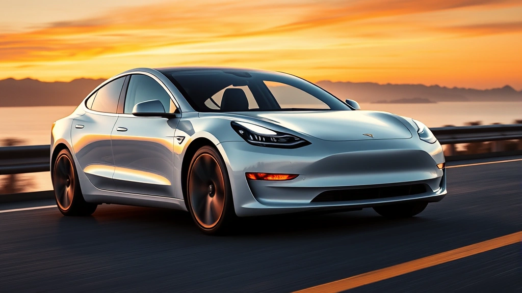 2024 Tesla Model 3 Performance sedan in pearl white multi-coat driving on coastal highway at sunset with mountains in background, dynamic angle showing profile and front quarter