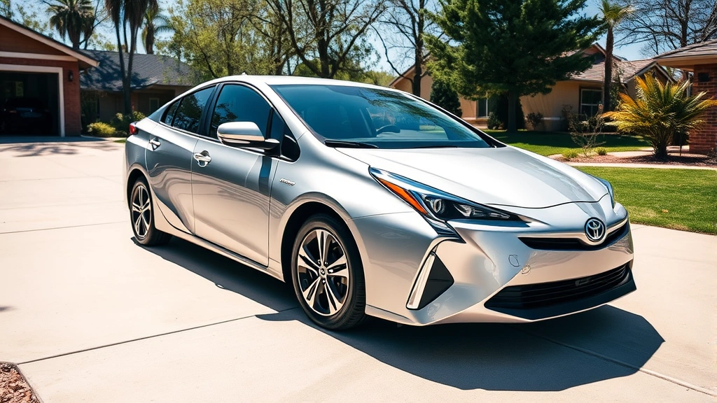 Modern Toyota Prius Prime silver sedan parked in sunlight on clean driveway, sleek aerodynamic profile visible, premium wheels and LED headlights prominent, residential background with trees