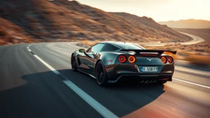 High-performance sports car accelerating on open road, dynamic motion blur, professional automotive photography, dramatic lighting emphasizing vehicle curves