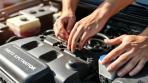 Close-up of hands performing routine vehicle maintenance on an engine compartment, checking fluid levels with professional precision in bright daylight