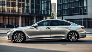Sleek silver luxury sedan parked in modern urban setting with glass buildings, professional photography, natural daylight, no visible branding or text