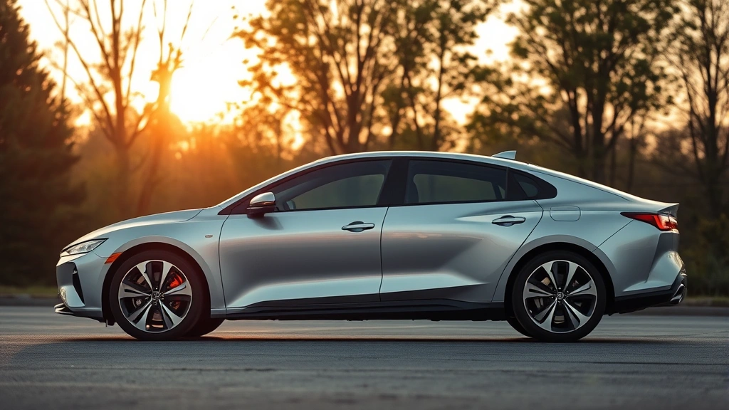 Modern silver hybrid sedan with sleek aerodynamic design, photographed at golden hour with trees in soft focus background, showcasing contemporary automotive engineering