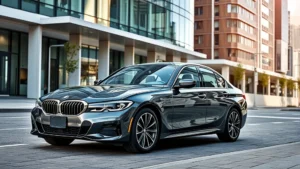 Luxury sedan BMW 3 Series parked on modern urban street with contemporary architecture background, professional automotive photography, daylight