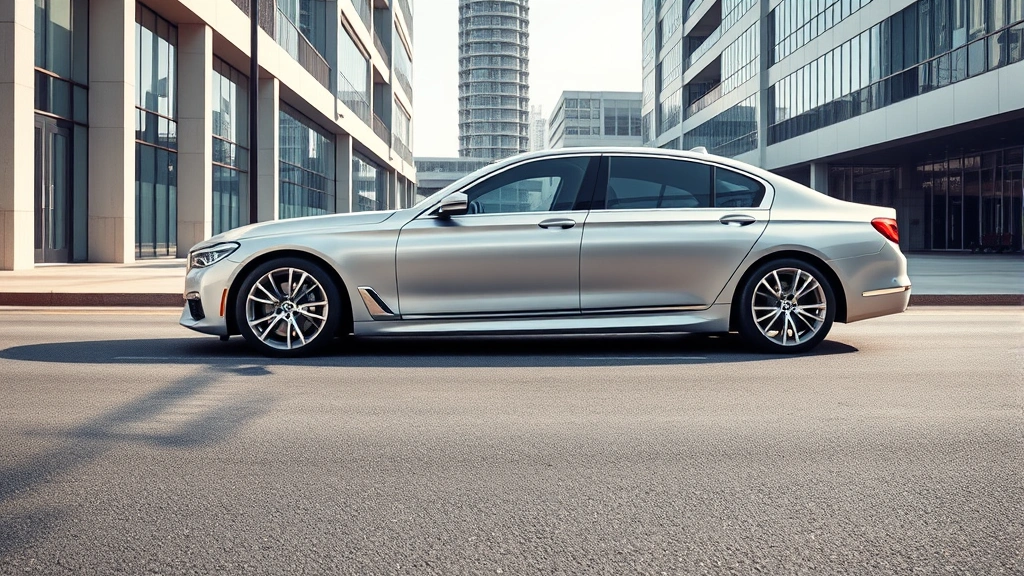 Sleek silver BMW 7 Series luxury sedan photographed from three-quarter angle on a modern urban street with contemporary architecture background, professional studio lighting highlighting body lines and chrome details