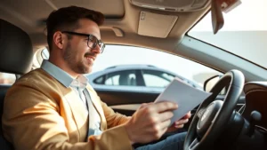 Professional automotive journalist taking notes during car test drive, modern sedan visible in background, daylight natural lighting, focused expression evaluating vehicle performance