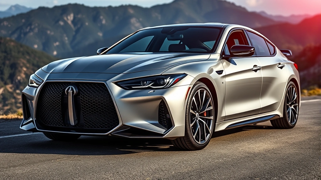 Luxury performance sedan with aggressive front end design, metallic silver paint, shot from three-quarter angle on mountain road, professional automotive photography