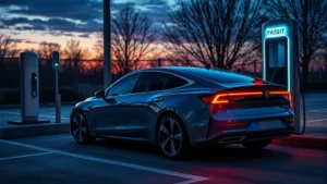 Modern electric sedan charging at fast-charging station at dusk, sleek design, futuristic lighting, realistic automotive photography