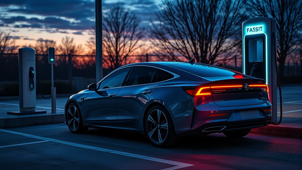 Modern electric sedan charging at fast-charging station at dusk, sleek design, futuristic lighting, realistic automotive photography