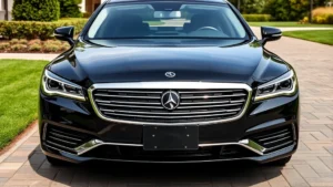 Premium luxury sedan front three-quarter view with sleek headlights and sophisticated chrome detailing parked on exclusive driveway