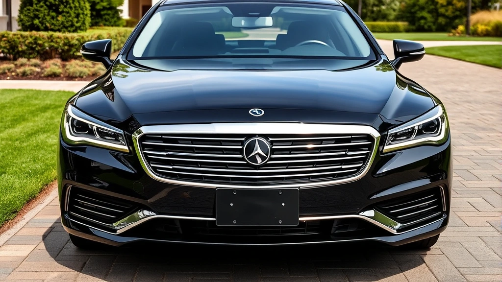 Premium luxury sedan front three-quarter view with sleek headlights and sophisticated chrome detailing parked on exclusive driveway