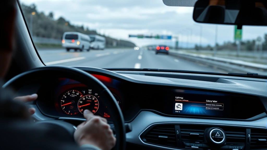 Modern sedan dashboard with illuminated safety feature indicators and digital display showing collision warning alert system active during highway driving