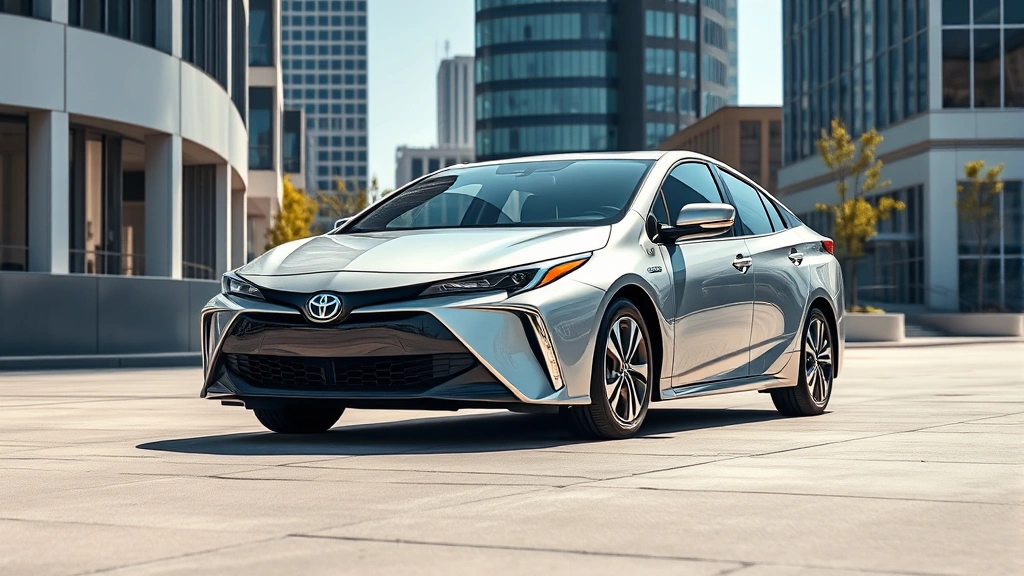 Sleek silver 2024 Toyota Prius sedan photographed from three-quarter front angle in modern urban setting with contemporary buildings, natural daylight illumination, premium automotive photography style