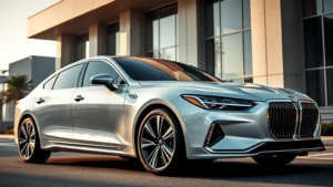 2024 luxury sedan parked in front of modern architecture, showcasing sleek chrome trim, LED headlights, and premium paint finish, professional automotive photography, daytime lighting, dramatic angle