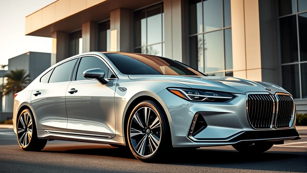 2024 luxury sedan parked in front of modern architecture, showcasing sleek chrome trim, LED headlights, and premium paint finish, professional automotive photography, daytime lighting, dramatic angle