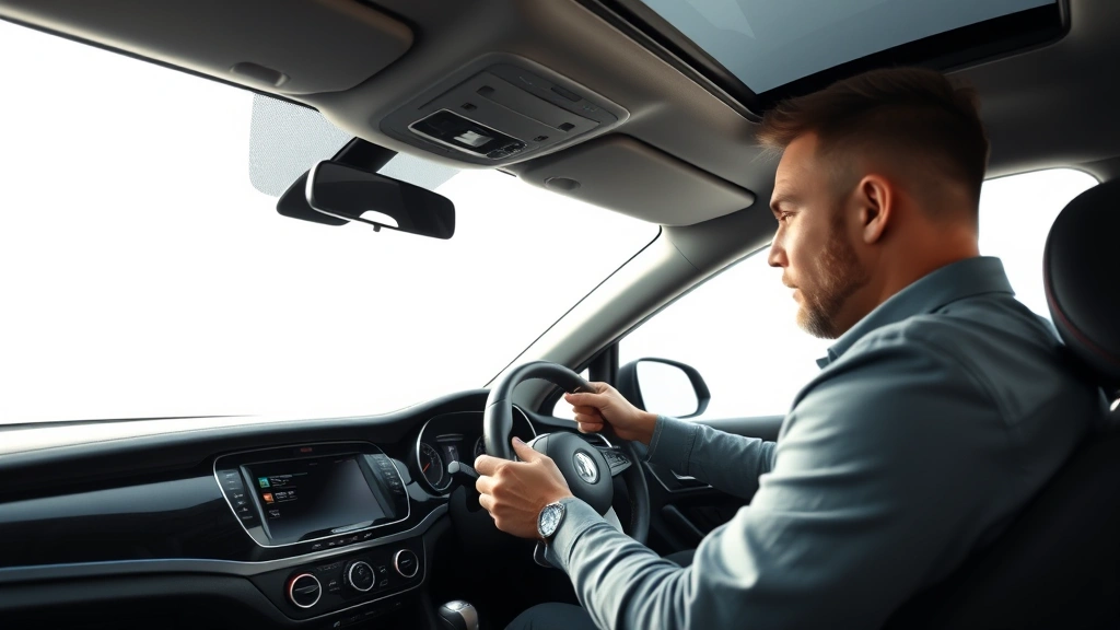 Professional automotive journalist reviewing vehicle interior cabin details, hands-on inspection of steering wheel and dashboard controls in natural daylight studio setting
