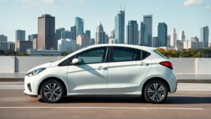 Modern compact sedan parked in urban setting with city skyline background, showcasing sleek design and professional appearance, daytime photography