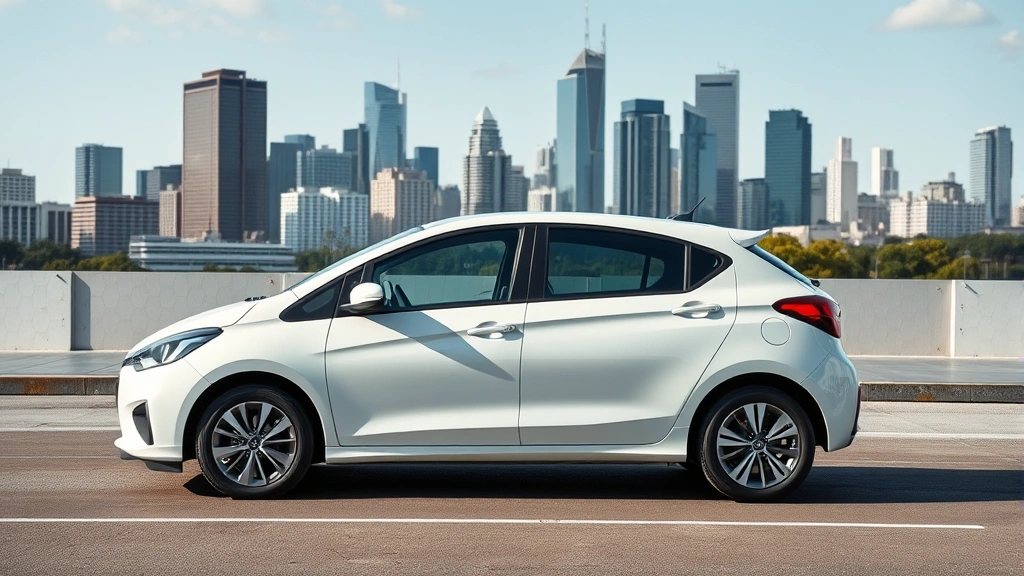 Modern compact sedan parked in urban setting with city skyline background, showcasing sleek design and professional appearance, daytime photography