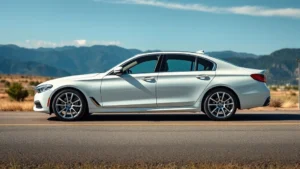 Luxury four-door sedan with sleek design, pearl white paint, photographed from three-quarter angle on open road with mountain landscape background, professional automotive photography style