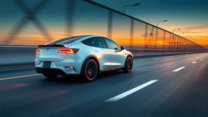 Tesla Model Y Performance in white driving on modern highway with sunset lighting, sleek aerodynamic design visible, no visible text or license plates