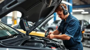 Professional automotive technician performing routine vehicle maintenance in modern service facility, using diagnostic equipment and tools on modern car engine bay
