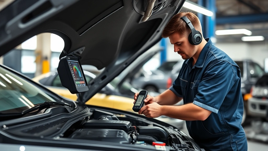 Professional automotive technician performing routine vehicle maintenance in modern service facility, using diagnostic equipment and tools on modern car engine bay