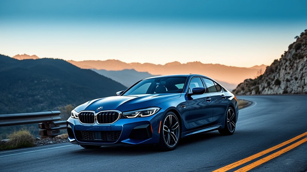 2024 BMW M440i xDrive sedan in metallic blue, photographed from three-quarter front angle on winding mountain road, dramatic lighting, professional automotive photography